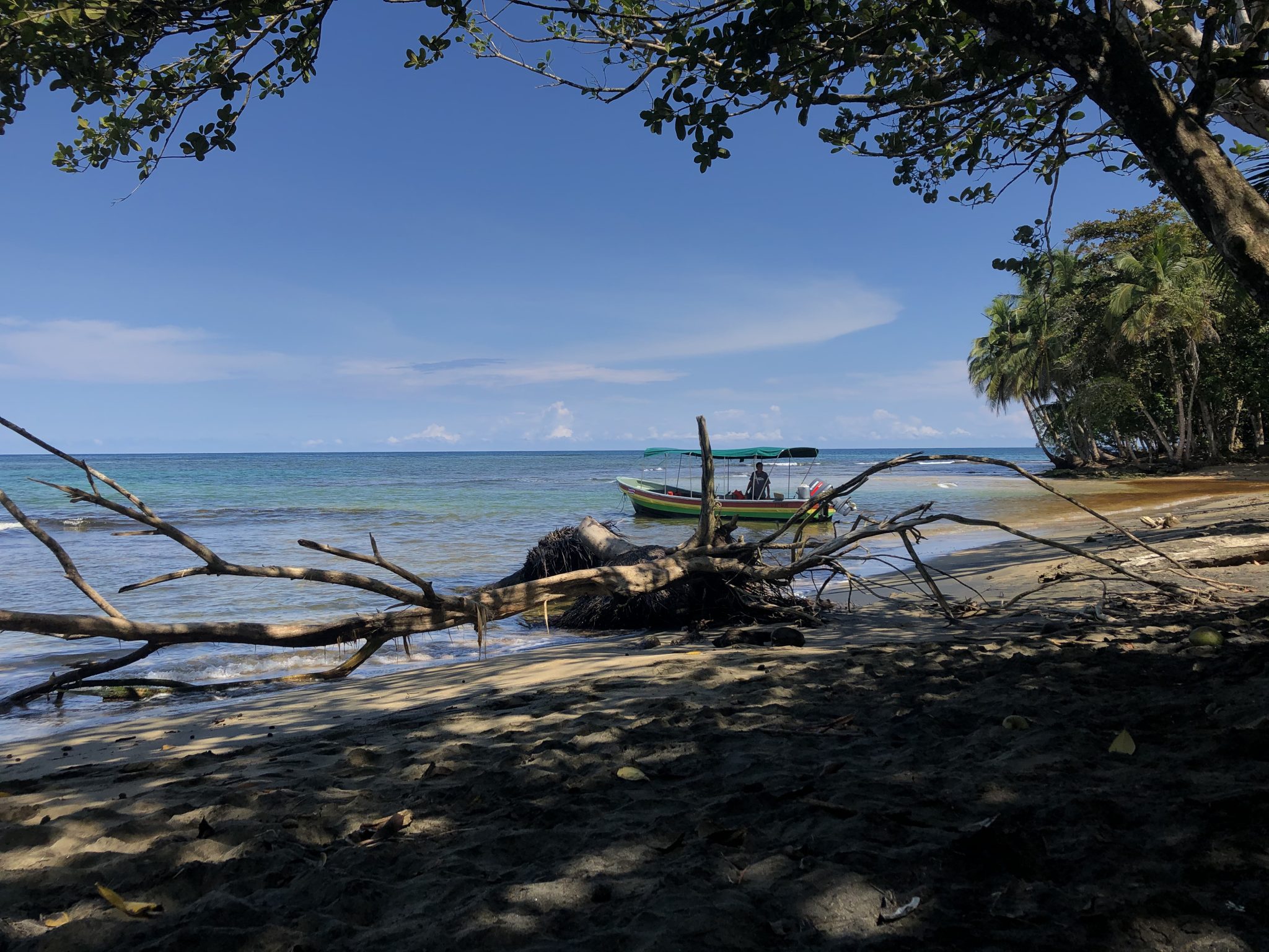 White-sand tropical beach with a traditional wooden outrigger boat