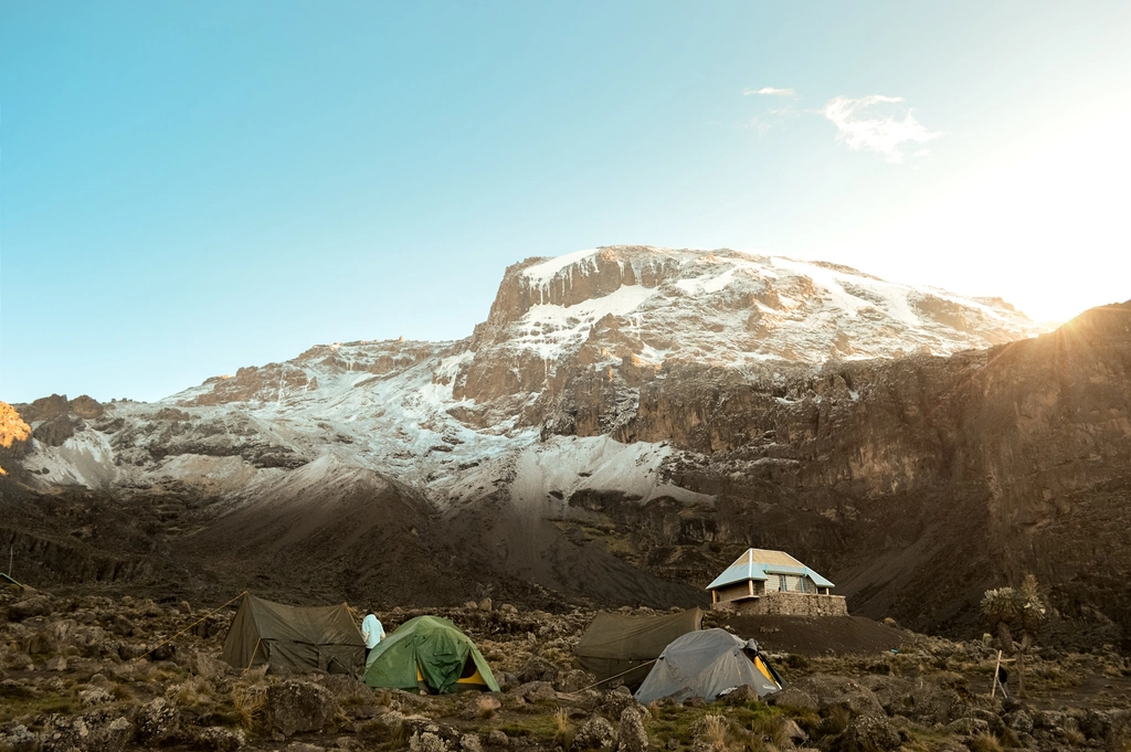 Snow-capped Mount Kilimanjaro lit by golden morning sun, Tanzania